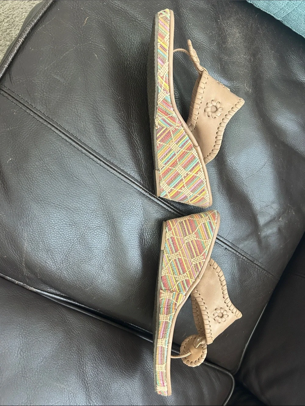 Jack Rogers Tan Leather Wedge Sandals with Multicolor Woven Heel